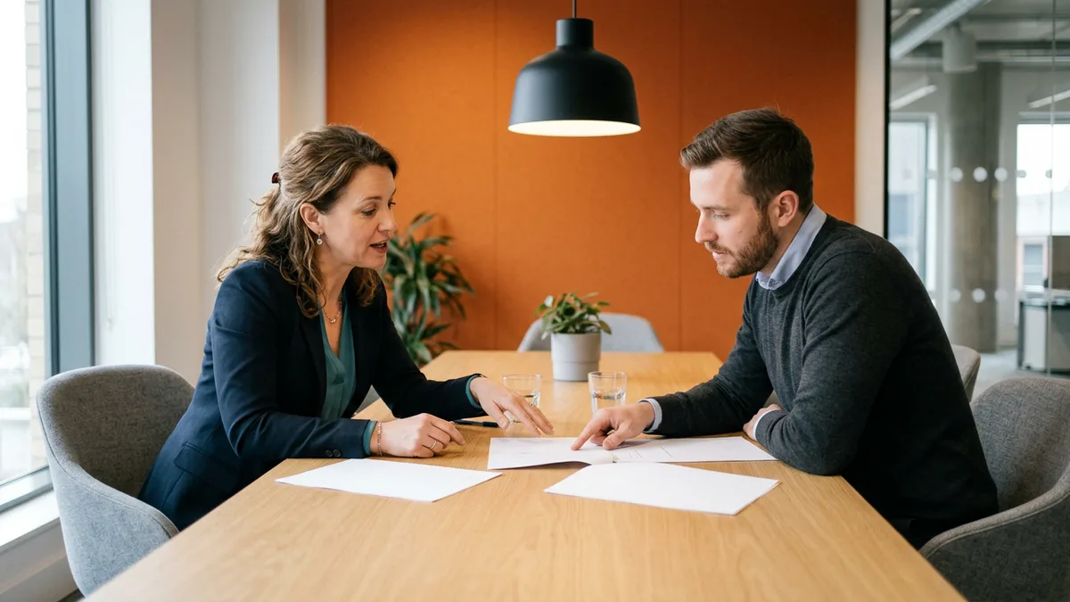 Hiring manager and procurement analyst comparing printed staffing rate card documents at a conference table