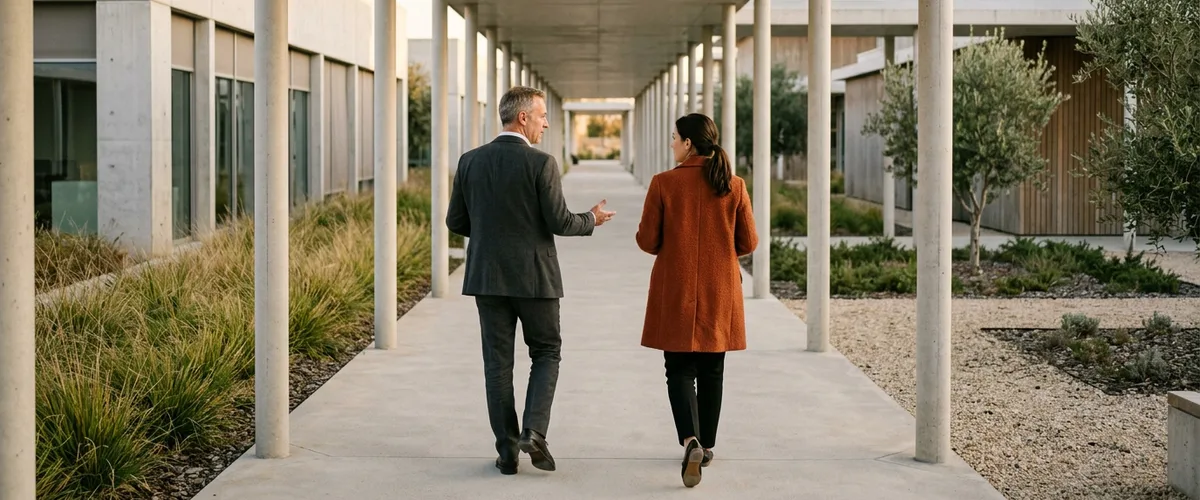 Hiring manager talking with a contract-to-hire team member on an office campus walkway, top contract-to-hire staffing companies 2026 by KORE1