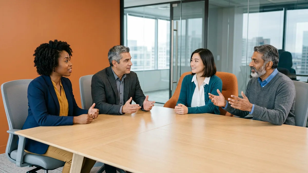 Four data and business leaders discussing data team staffing models around a bare conference table