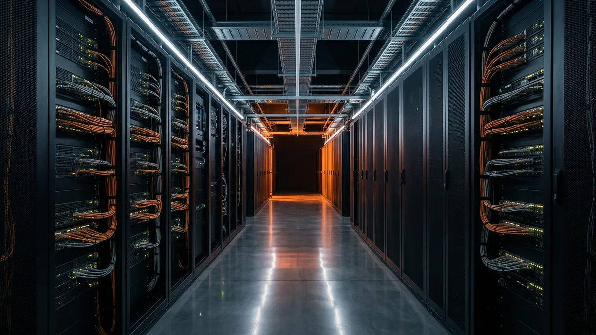Aisle of server cabinets with bundled orange cabling in a data centre during a data warehouse migration