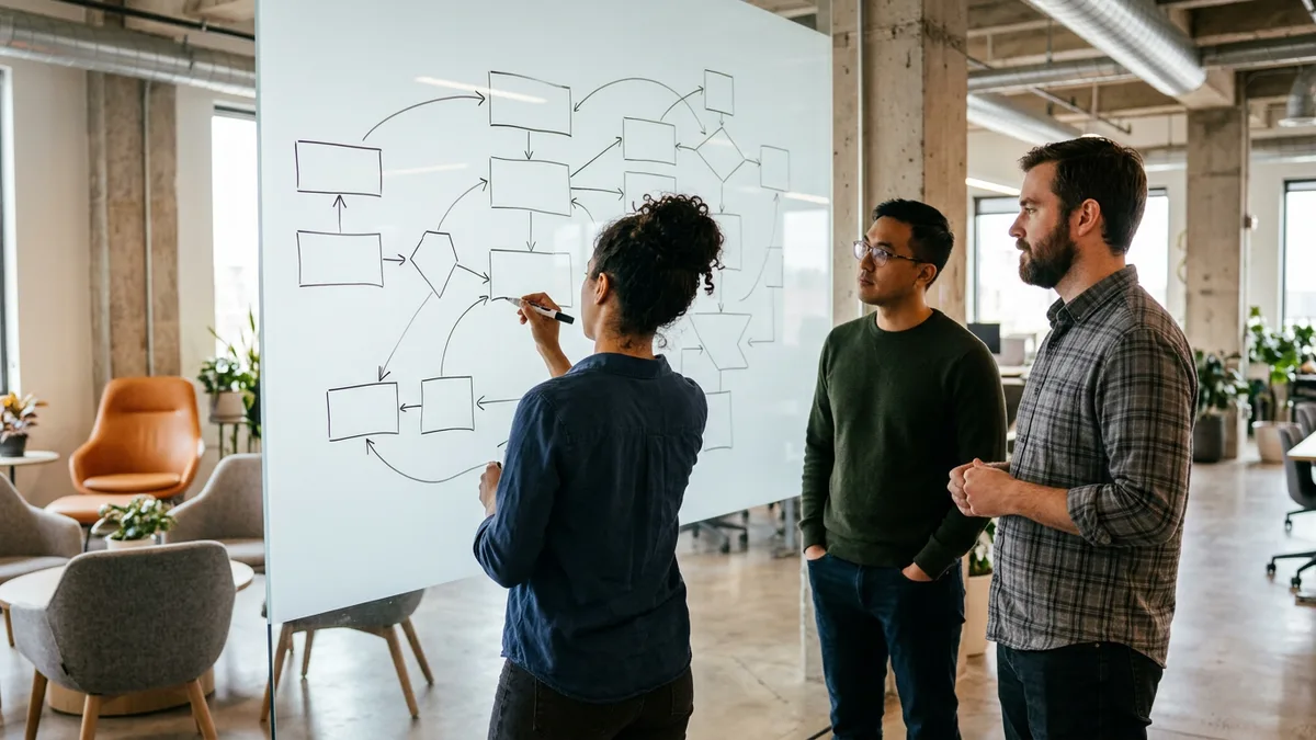 Three data engineers at a glass whiteboard sketching a data pipeline architecture of boxes and arrows