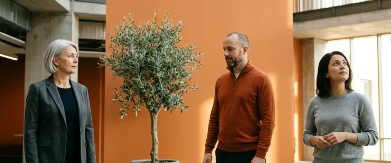 Three business leaders standing apart in an office atrium, representing the contract, interim, and fractional engagement models