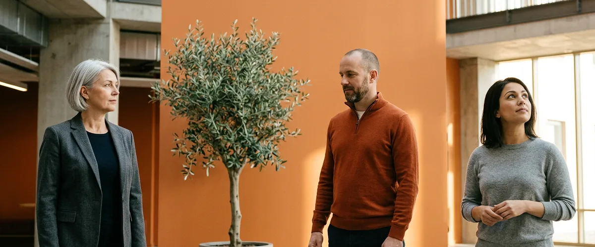 Three business leaders standing apart in an office atrium, representing the contract, interim, and fractional engagement models