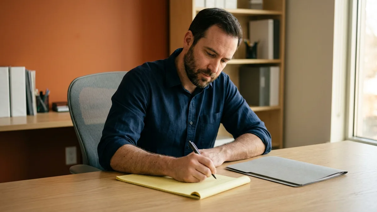 IT administrator working through a contractor offboarding access revocation checklist on a legal pad at his desk
