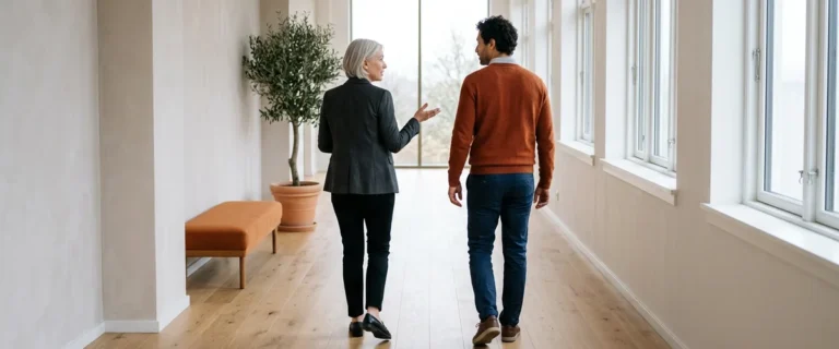 Hiring manager and contract engineer walking down an office corridor while discussing whether to extend his contract