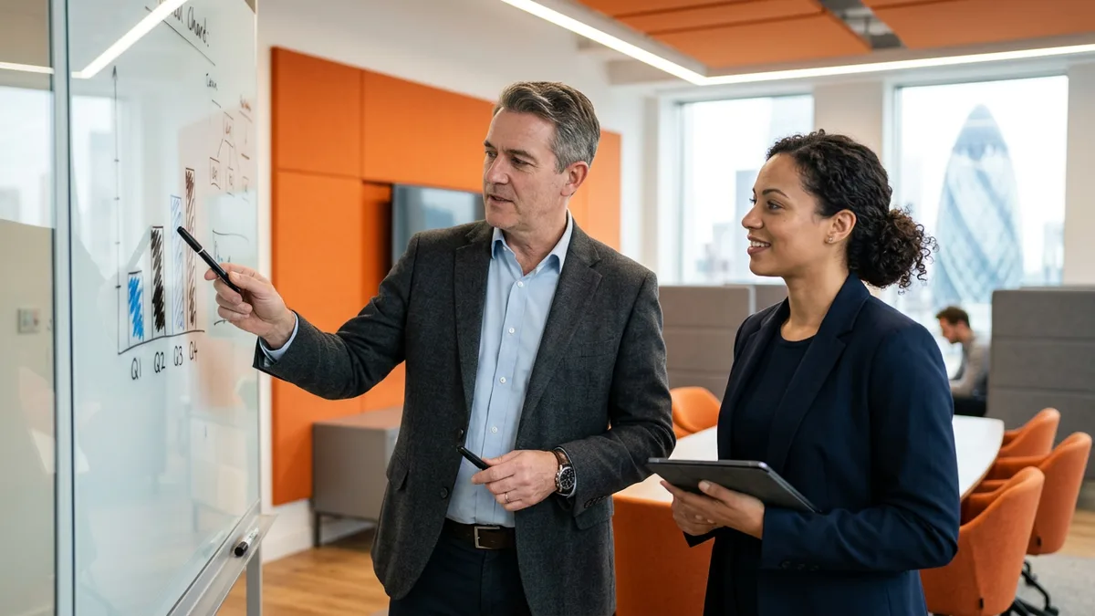 Finance partner and IT hiring manager reviewing a contractor-to-FTE ratio chart together at a whiteboard