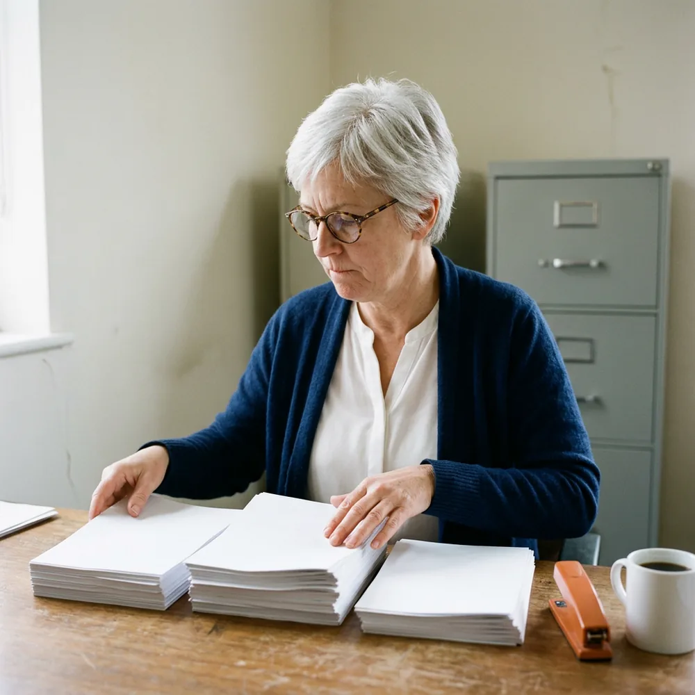 Controller in a navy cardigan sorting stacks of paperwork into three piles at her desk, the accounts payable side of contractor misclassification risk