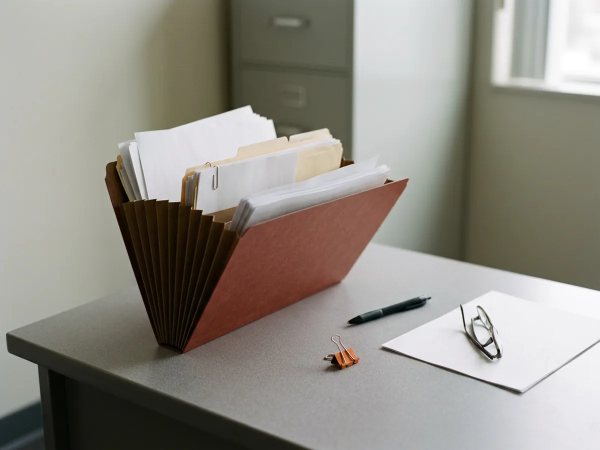 Red-brown expanding legal file standing open on an office desk, packed with papers and manila folders, the paper trail behind contractor misclassification risk