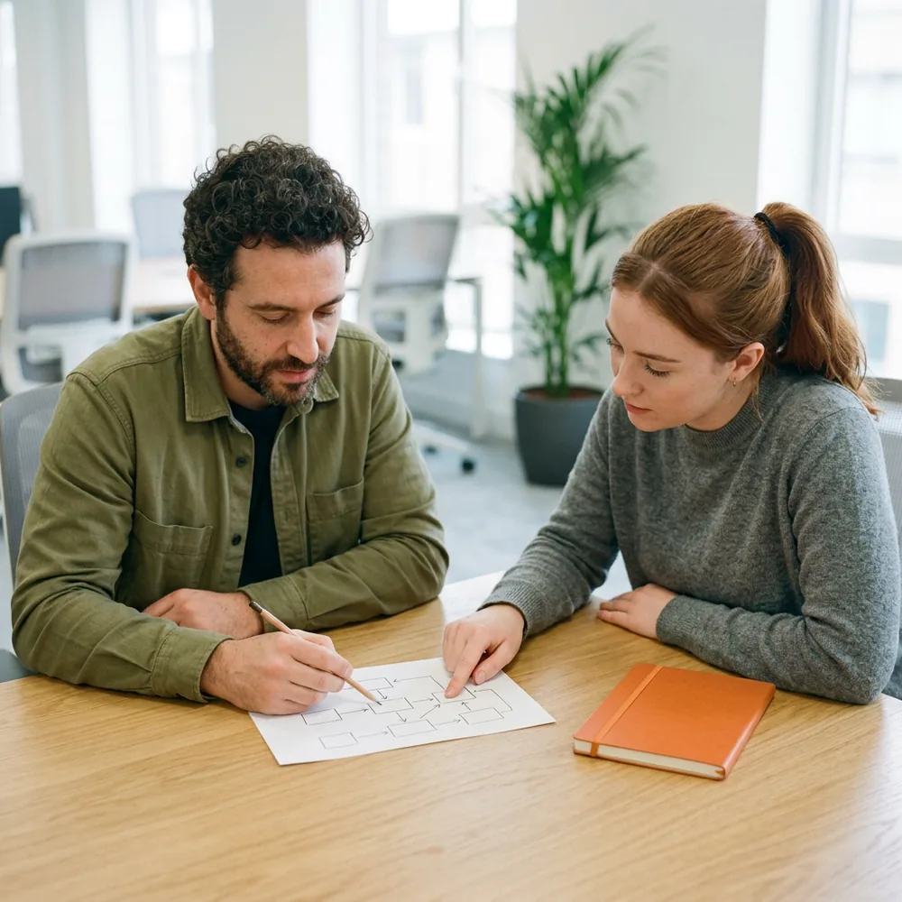 Contract software engineer sketching a system diagram in pencil while a teammate points at it, a W-2 contractor working inside a client team