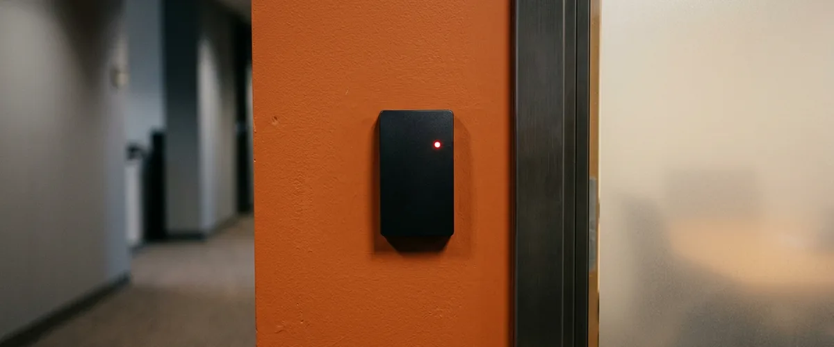 Wall-mounted door access card reader glowing red beside a frosted glass office door after a contractor's access was revoked