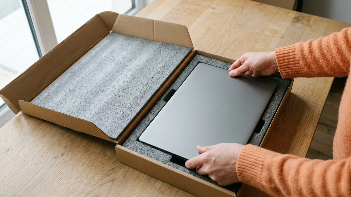 Returned company laptop being packed into a foam-lined shipping box at the end of a contract assignment