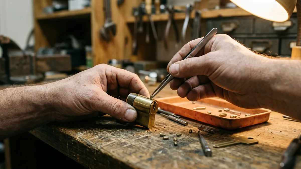 Locksmith rekeying a brass lock cylinder with tweezers, a stand-in for rotating shared secrets after a contractor leaves