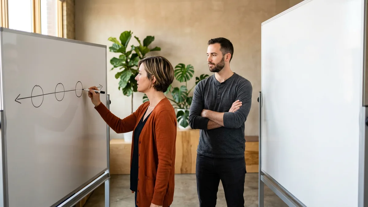 Two colleagues at a whiteboard mapping a contractor assignment timeline with review milestones