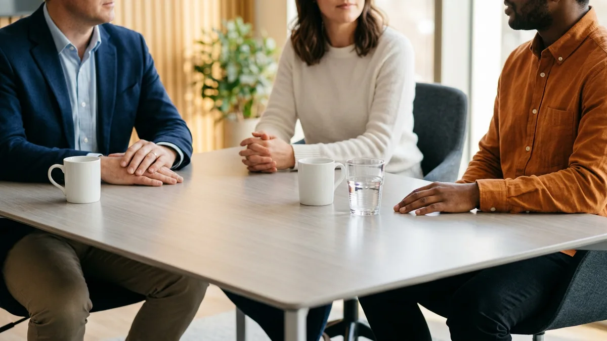 Three colleagues at a conference table reviewing whether to convert or extend a long-tenured contractor
