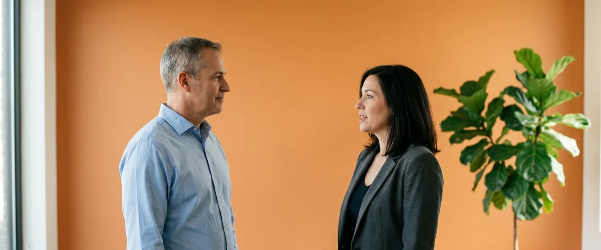 A manager and an HR leader standing in an office discussing their company contractor tenure limit policy