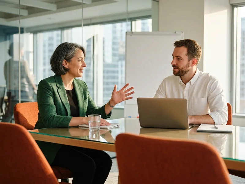 Hiring manager and staffing recruiter discussing a C++ engineering role in a meeting room, KORE1