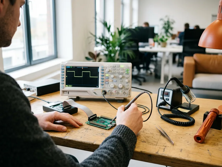 Engineer probing an ARM development board on an oscilloscope bench, KORE1 C++ developer staffing