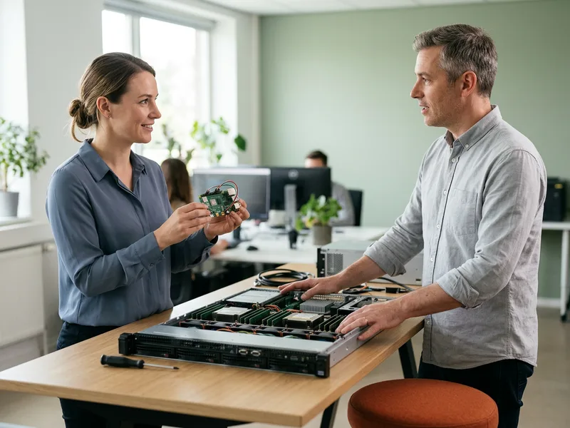 Two engineers comparing a bare microcontroller board and a rack server chassis, KORE1 C++ developer staffing