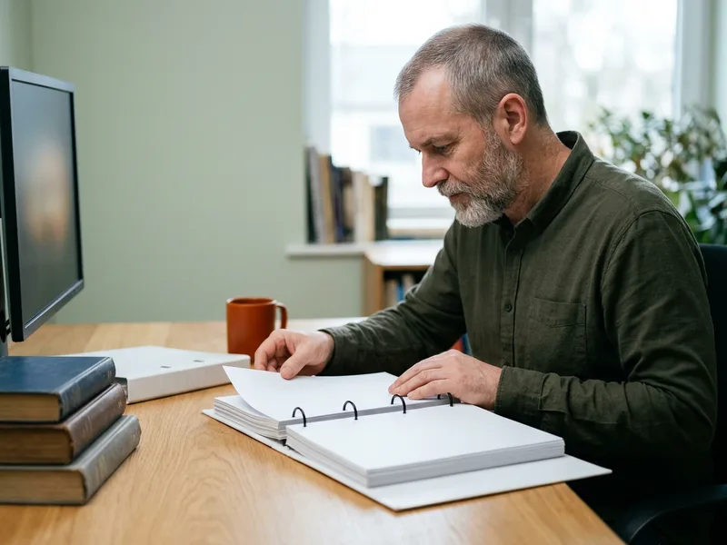 Senior engineer reviewing a thick printed technical specification binder at a desk, KORE1 C++ staffing