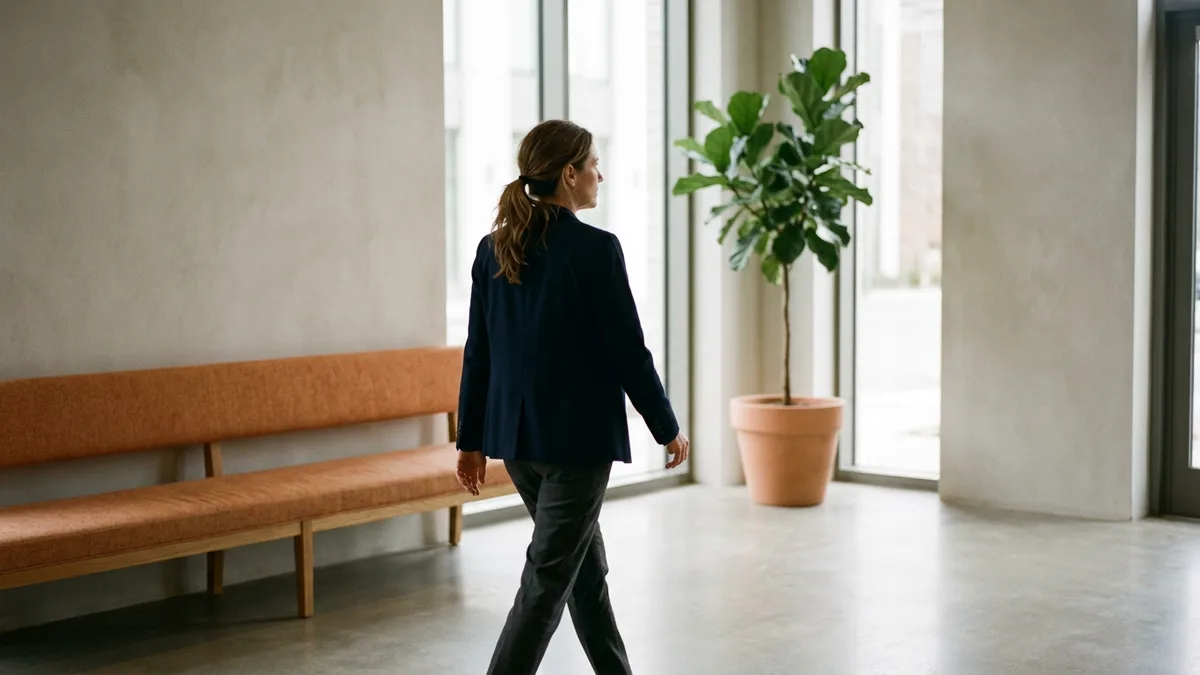 Creative professional walking through a bright agency lobby past an orange bench, representing a candidate a rigid job description might miss
