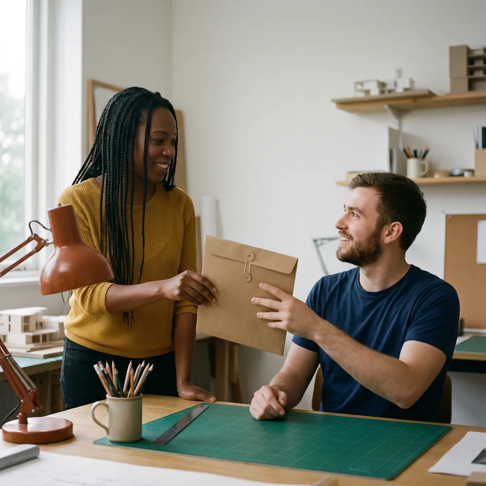 Project manager handing a string-tied kraft job envelope to a designer seated at a studio desk