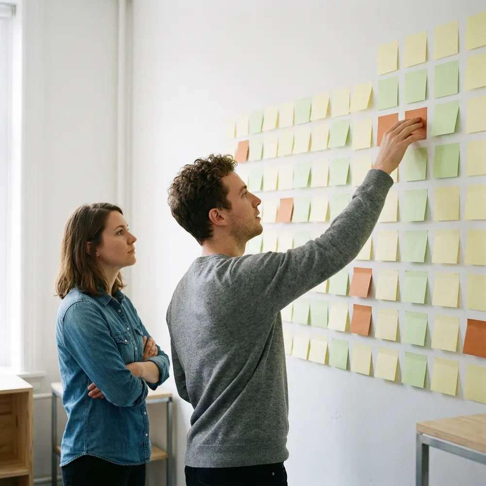 Creative project manager moving a blank orange sticky note across a wall planning grid while a colleague watches
