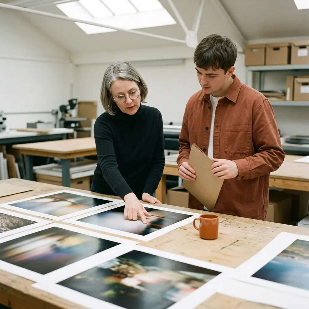 Creative director and project manager leaning over a worktable of large proof prints during a creative review