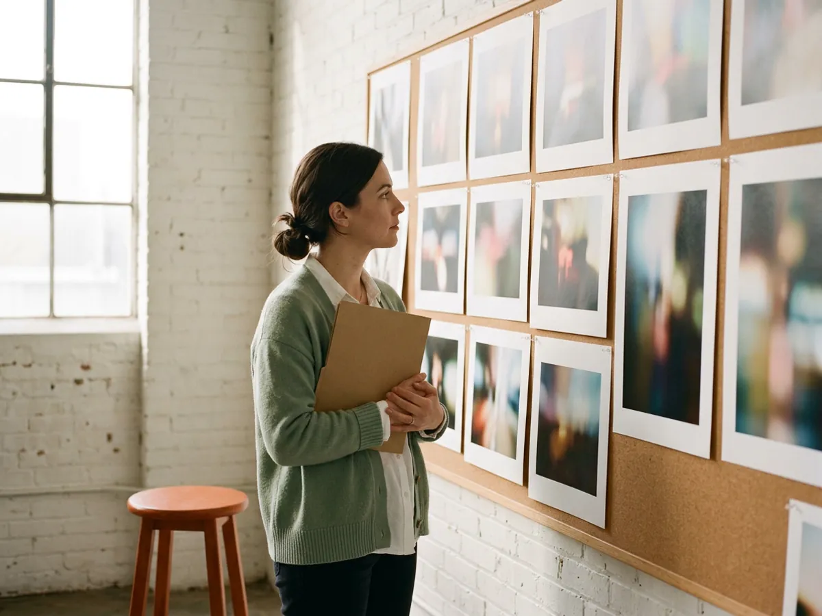 Creative project manager holding a kraft job folder in front of a studio pinboard of large proof prints