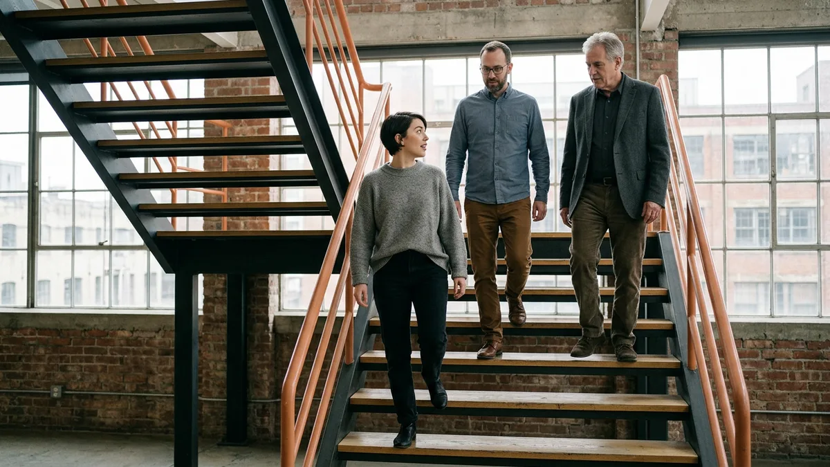 Three creative agency colleagues walking down an open steel staircase with an orange handrail in a converted brick warehouse office