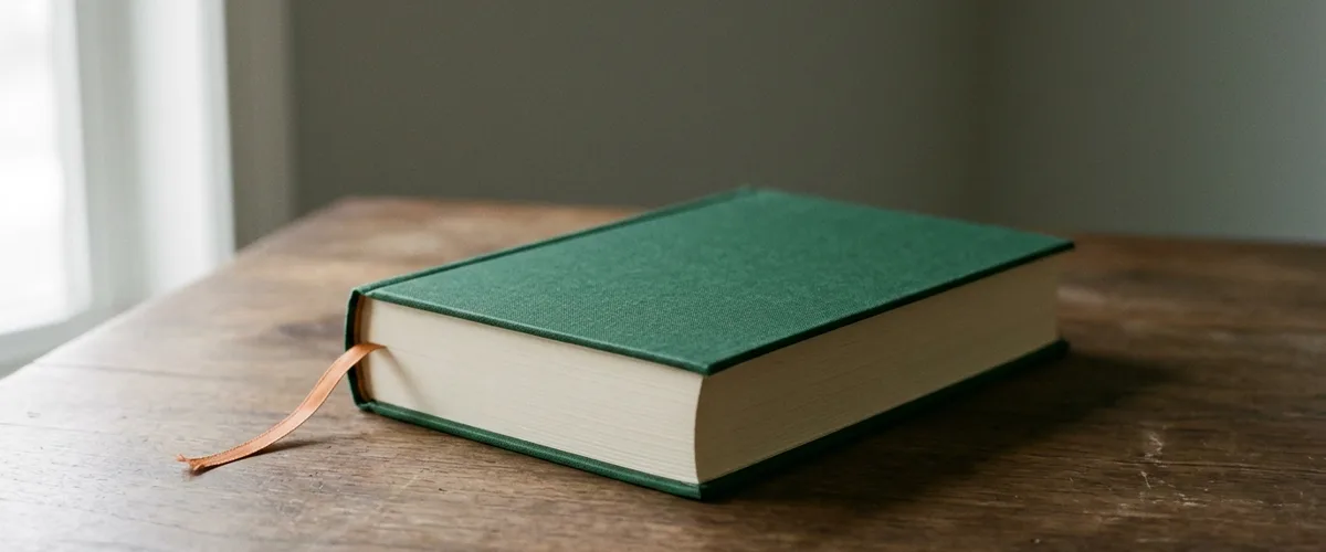 A closed green clothbound volume with an orange ribbon bookmark on a walnut table, for a post on testing AI contract data extraction on credit agreements