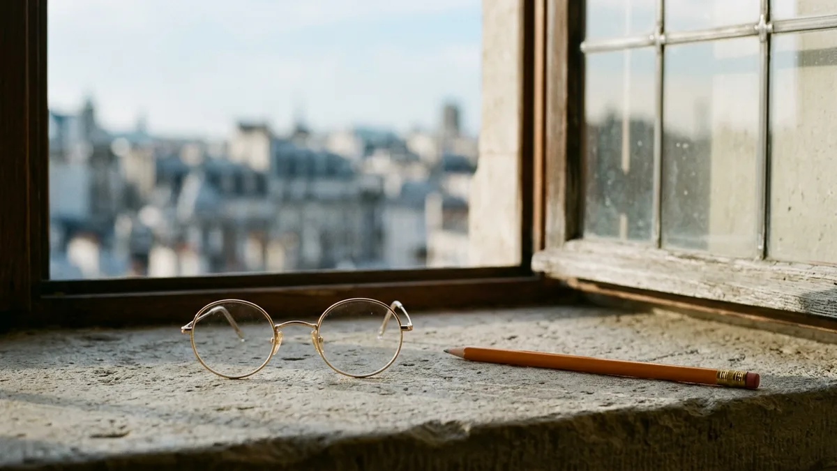 Folded wire-rimmed reading glasses and an orange pencil on a stone windowsill, the tools of a manual credit agreement review