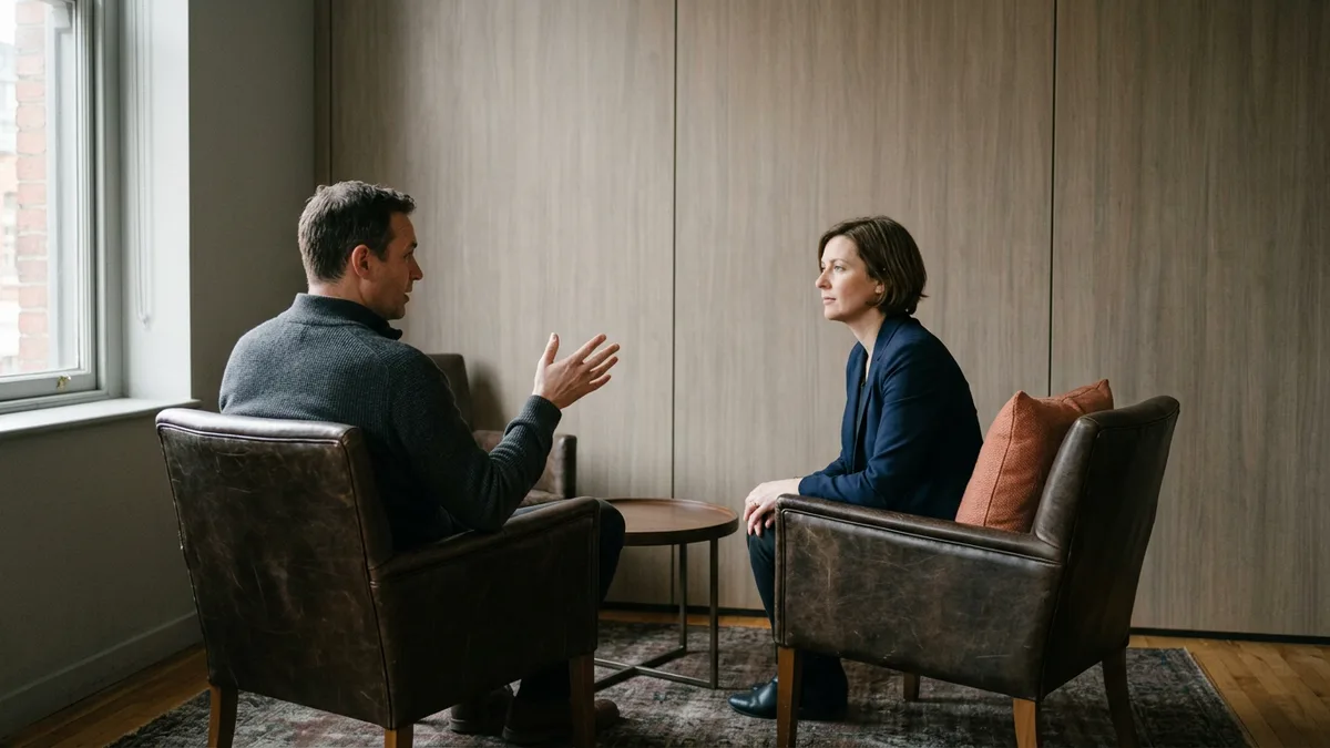 Two credit team colleagues in leather armchairs discussing how to test AI extraction on credit agreements