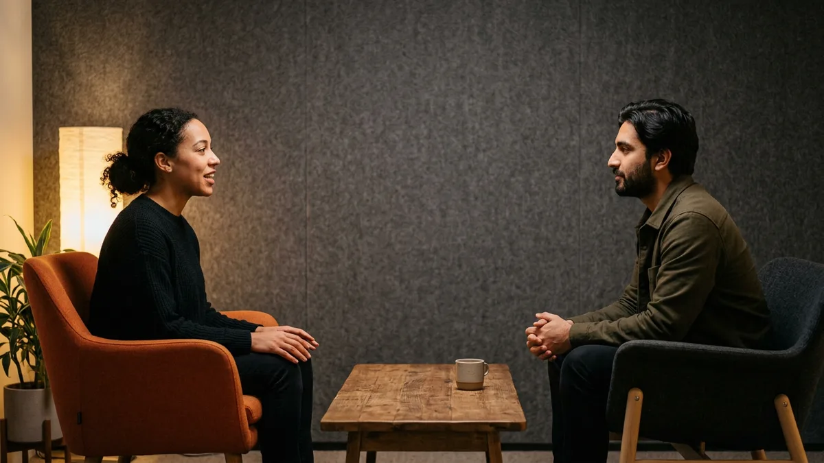 A CEO and a chief technology officer in a one on one conversation across a low table