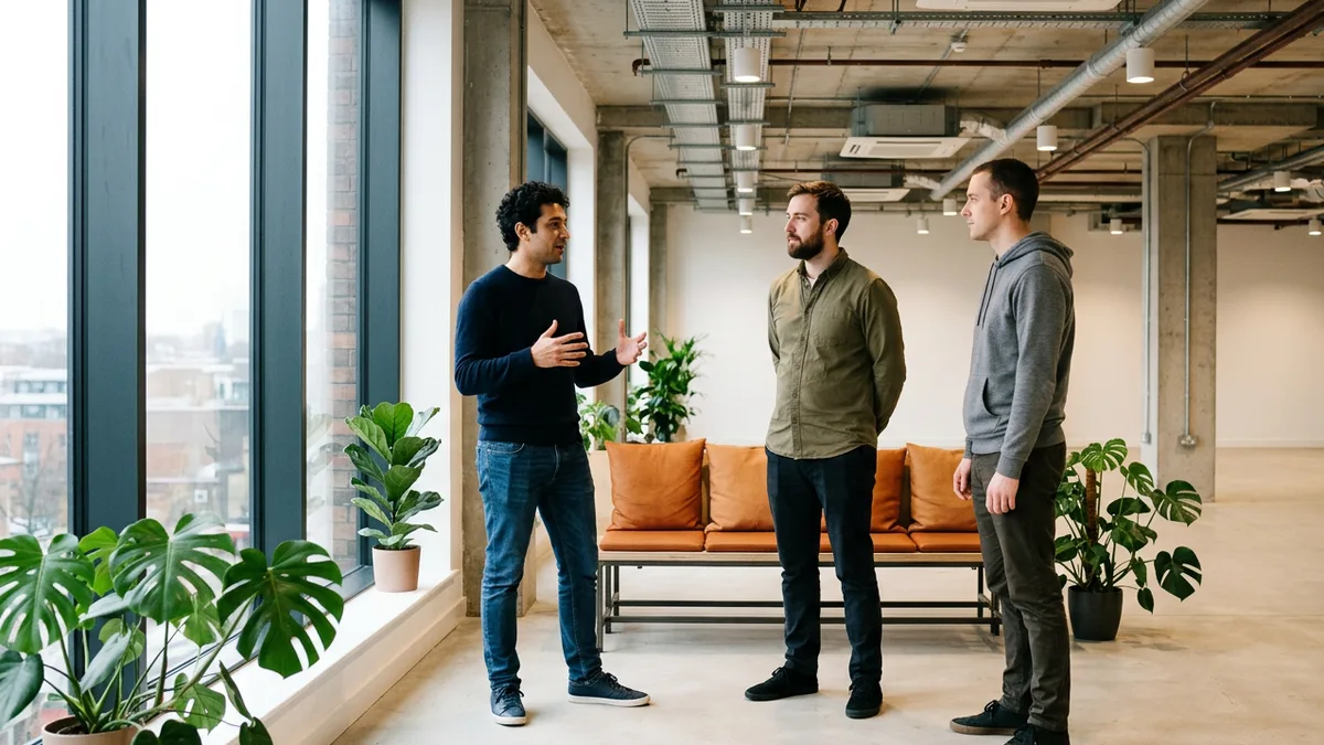 Three software engineers standing in discussion in an open-plan engineering workspace