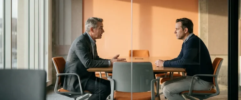 Two executives seated across a conference table during a CTO interview conversation