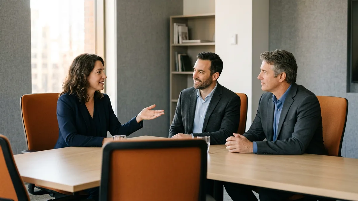 Hiring panel of three executives listening to a CTO candidate answer interview questions