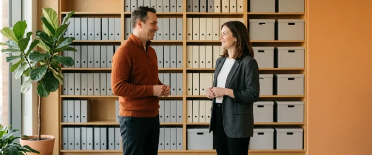 Two colleagues talking in an office records room lined with binders, illustrating a custom AI assistant for business built on company data