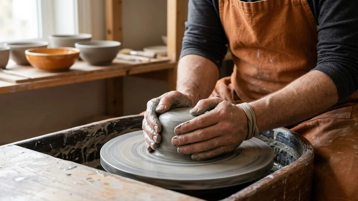 Potter's hands centering wet clay on a wheel, a metaphor for building custom software from scratch instead of buying it