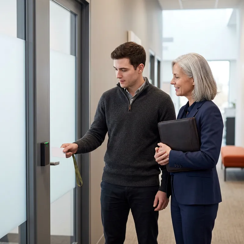 Security manager escorting a newly started contract security analyst through a badge-controlled glass door on the first morning