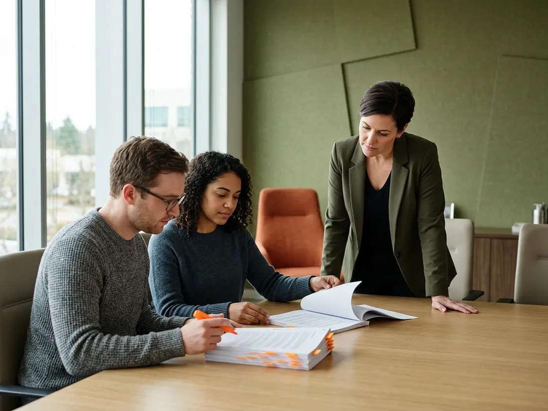 Security manager and two contract security engineers working through a printed penetration test report at a conference table
