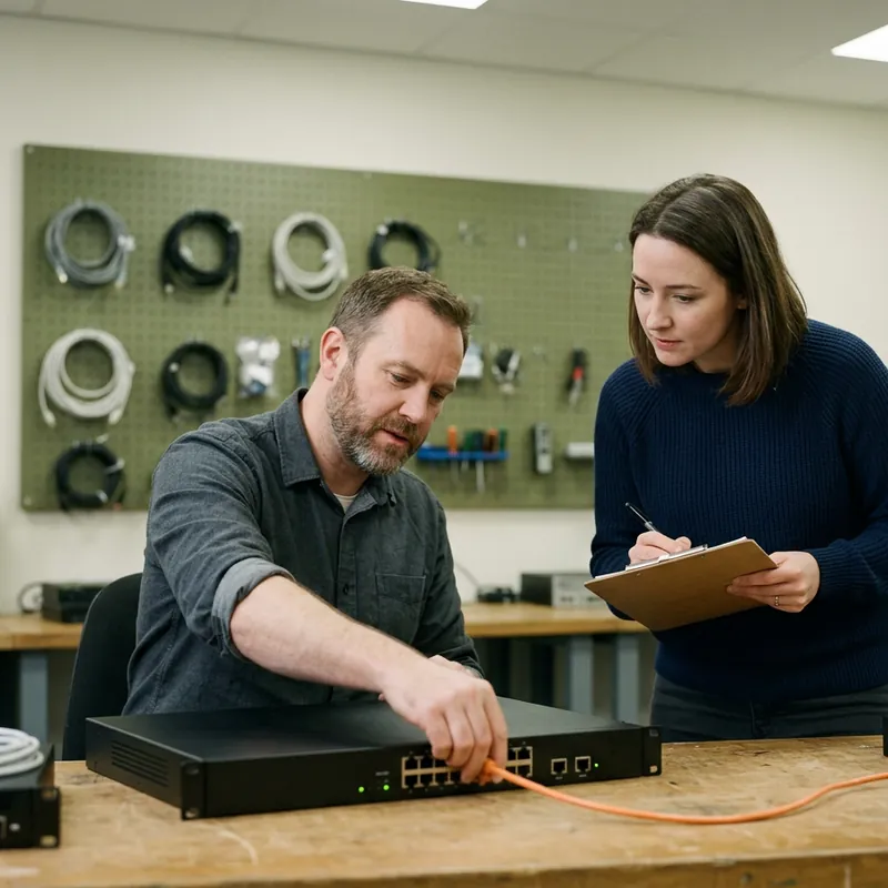 Contract security engineer swapping a firewall appliance on an equipment bench while an in-house engineer checks the printed change plan