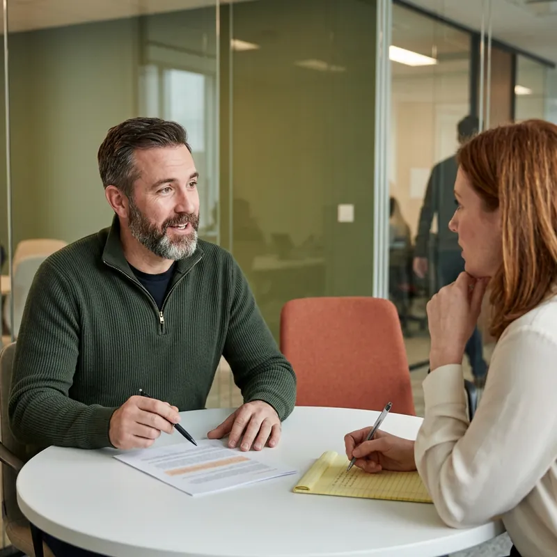 KORE1 recruiter listening as a security engineer candidate talks through a printed penetration test finding