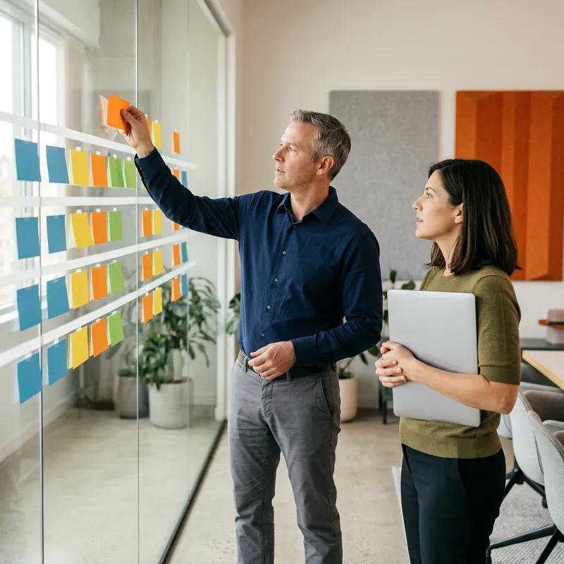 Data engineering manager sizing a quarter of engineer-weeks on a planning wall with a colleague
