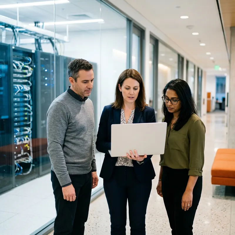 Data platform engineers reviewing warehouse and infrastructure work outside a server room