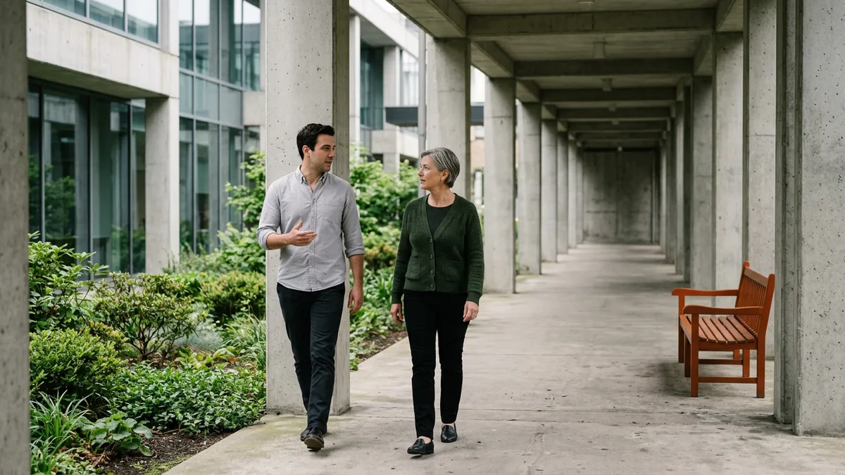 Two colleagues walking and talking along a covered concrete walkway beside planted beds, an empty orange bench further along