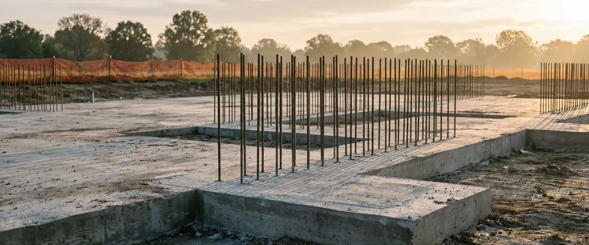 Freshly poured concrete foundation footings with rows of steel rebar at sunrise, before any building goes up