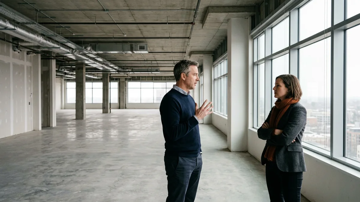 Two colleagues talking on an empty office floor mid fit-out, exposed ceiling and bare concrete, before any furniture arrives