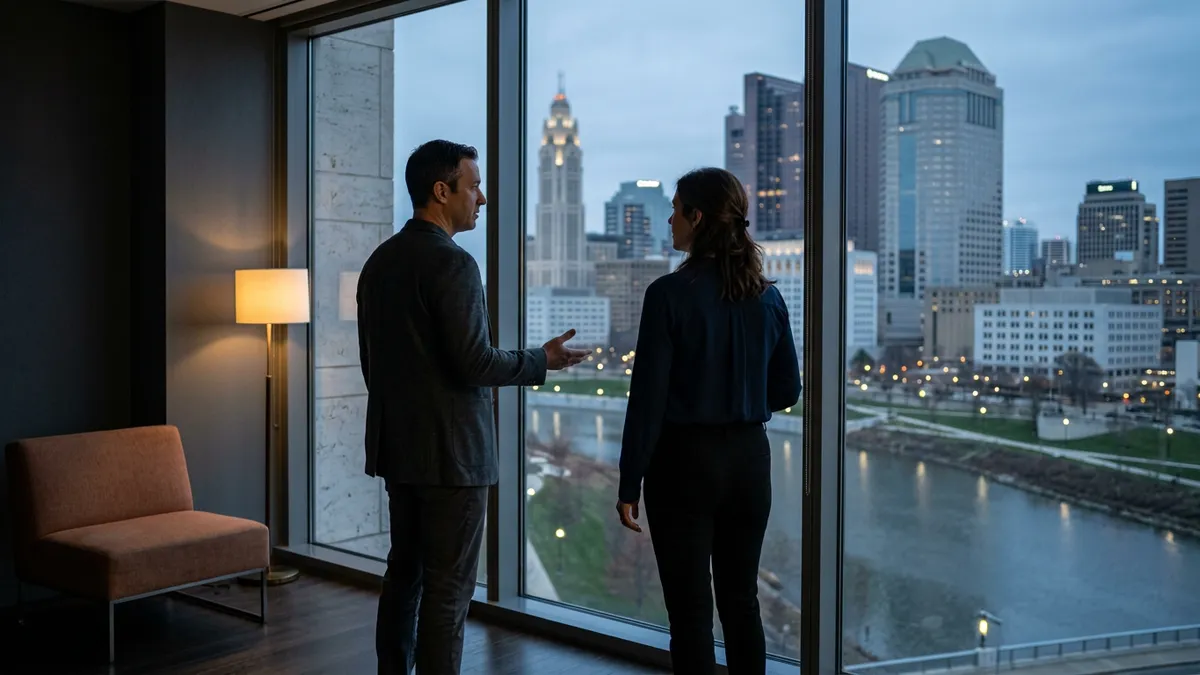 Two colleagues talking beside a floor to ceiling window in a Columbus office at dusk with the downtown skyline behind them