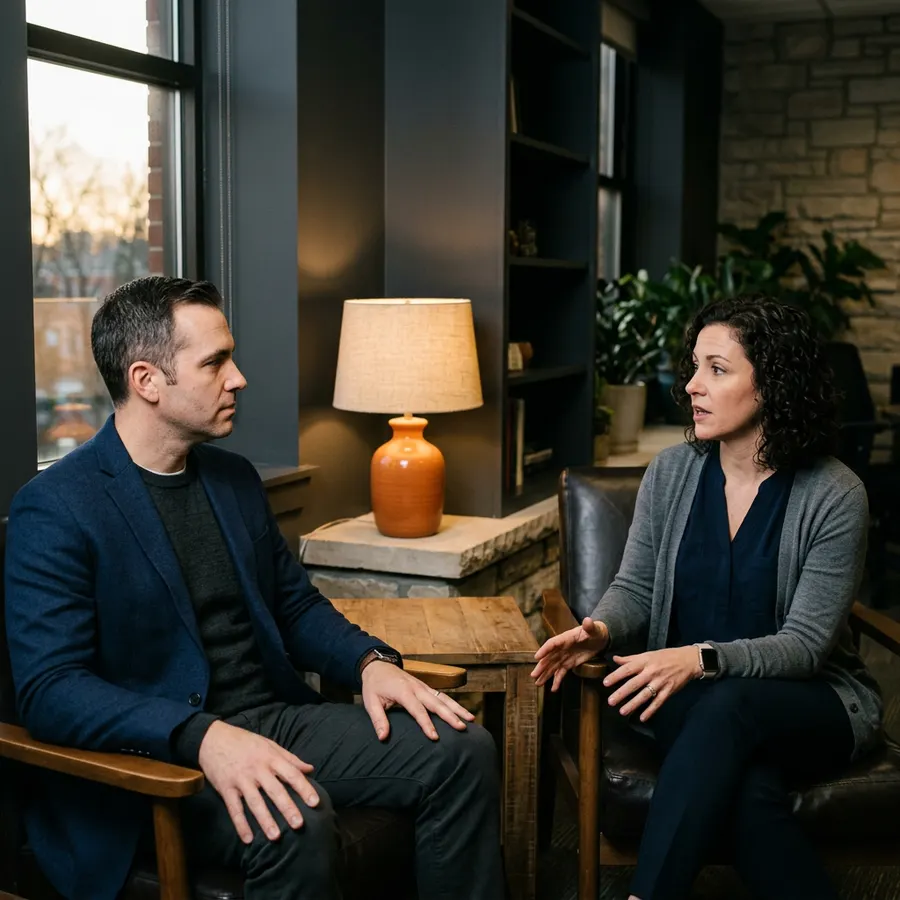 Hiring manager and recruiter in conversation in a quiet corner of a Columbus office under warm lamp light