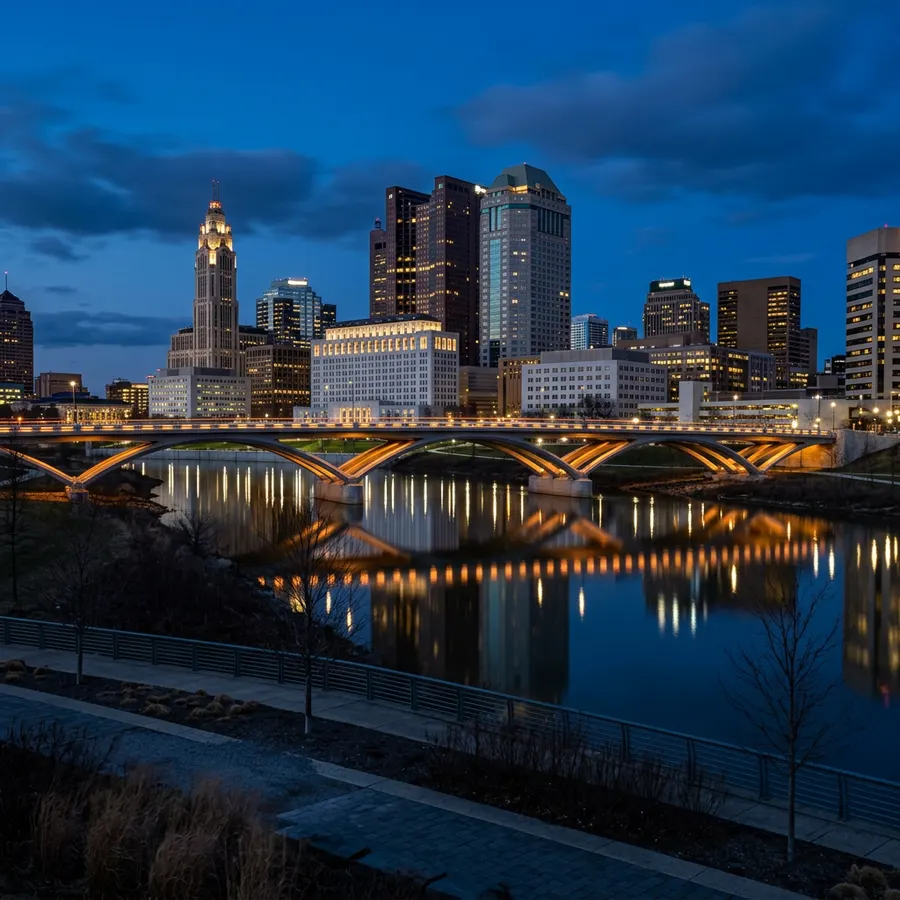 Downtown Columbus skyline at blue hour across the Scioto River with the bridges and office towers lit